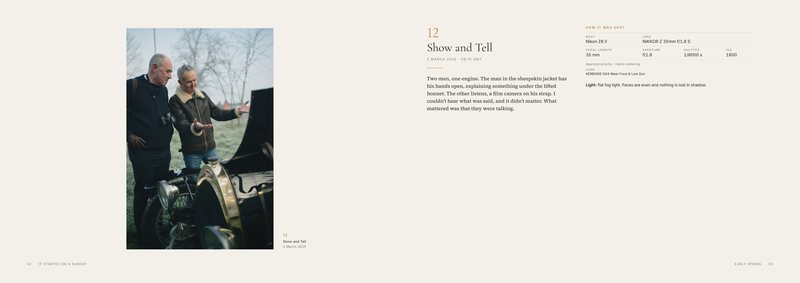 A spread from the book: two men at a vintage car on the left, the story of the photograph on the right.