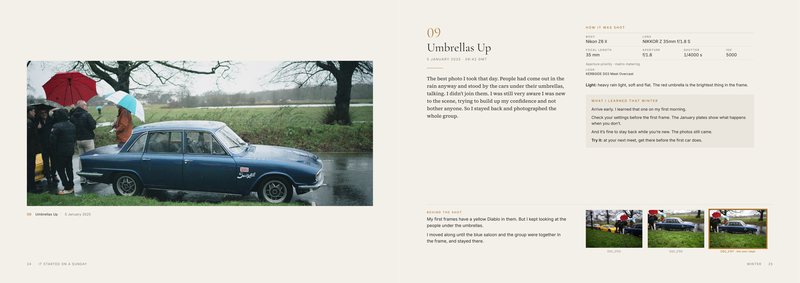 A spread from the book: people under umbrellas around a blue saloon on the left, the story and how it was shot on the right.