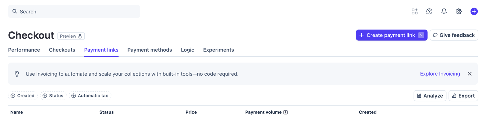 The Payment links tab in Stripe Checkout, with the Create payment link button top right.
