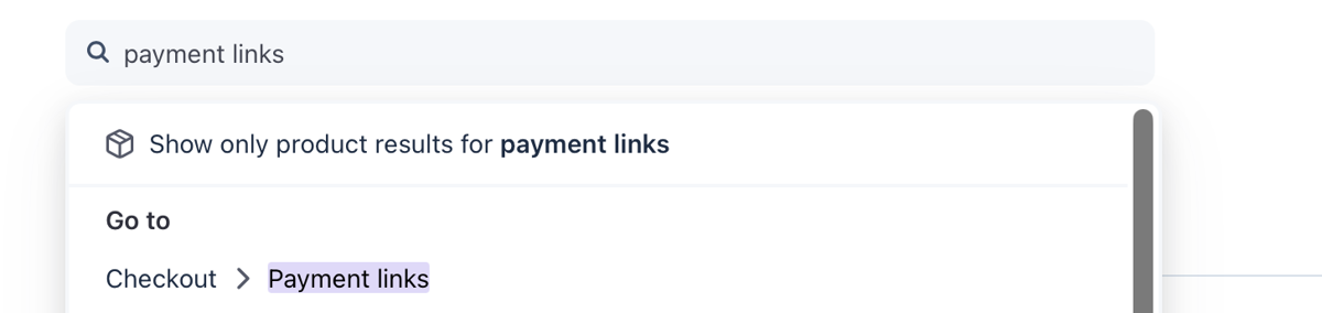 Stripe dashboard search for payment links, showing Checkout, Payment links.