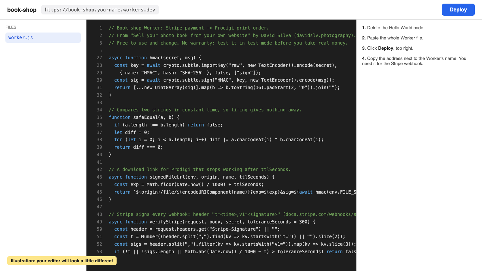 An illustration of a Worker code editor with the Worker file pasted in and a Deploy button top right.