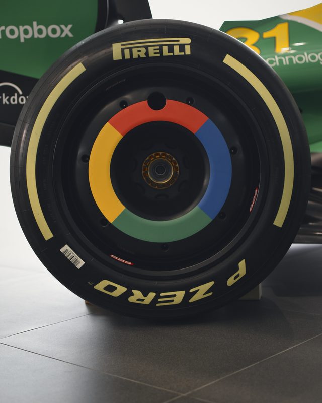 A Pirelli P Zero racing tyre with red, blue, green and yellow rings on the wheel cover.