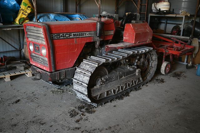 A red Massey Ferguson crawler tractor in the shed.